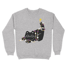 Load image into Gallery viewer, A heather grey Christmas jumper featuring an adorable black cat tangled in festive lights, with the asexual pride colours (black, grey, white, and purple). The cat reaches for a star on its tail, adding a subtle festive touch.