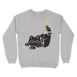 A heather grey Christmas jumper featuring an adorable black cat tangled in festive lights, with the asexual pride colours (black, grey, white, and purple). The cat reaches for a star on its tail, adding a subtle festive touch.