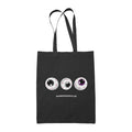 A black tote bag with three cartoonish eyeballs in a row. The eyeballs have varying colours: one with a black iris, one with a grey iris, and one with a purple iris. Below the eyeballs is the text "RAINBOWANDCO.UK".