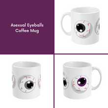 Load image into Gallery viewer, A composite image of a white coffee mug with a cartoon eyeball design in asexual pride flag colours. 