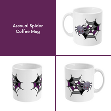 Load image into Gallery viewer, A composite image of a white coffee mug with a cartoon spider and spider web design in asexual pride flag colours. 