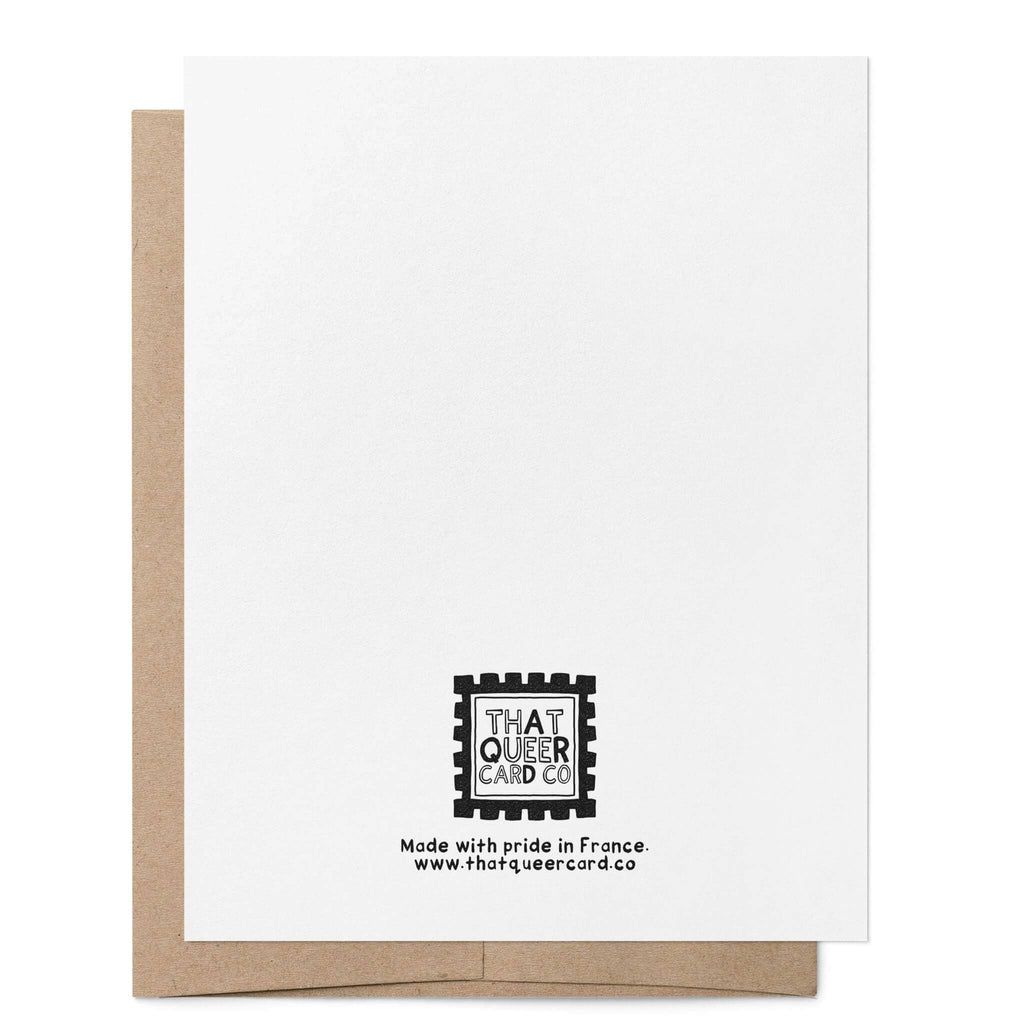 Back of greeting card showing the That Queer Card Co logo and branding on a plain white background.