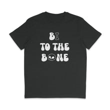 Load image into Gallery viewer, Dark Heather Grey crew neck shirt with white text reading Bi To The Bone. The I is in the shape of a bone, and the O in Bone is a skull.
