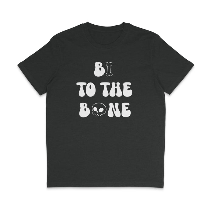 Dark Heather Grey crew neck shirt with white text reading Bi To The Bone. The I is in the shape of a bone, and the O in Bone is a skull.