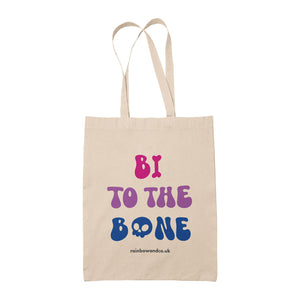 Natural cotton tote bag featuring the slogan Bi To The Bone in the colours of the bisexual flag