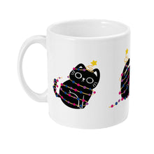 Load image into Gallery viewer, A white ceramic mug showing a black cat sitting upright and tangled in bisexual-themed Christmas lights, adorned with a star on its head. The lights are in pink, blue, and purple, representing the bisexual pride flag.