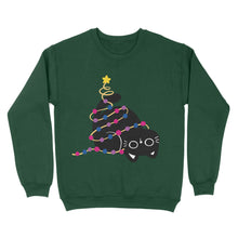 Load image into Gallery viewer, A festive sweatshirt in bottle green showcasing a black cat tangled in Christmas lights that incorporate the bisexual pride colours. Perfect for a subtle yet meaningful expression of pride this holiday season.