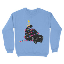 Load image into Gallery viewer, In a calming cornflower blue, this sweatshirt highlights a playful black cat tangled in lights of bisexual pride colours. Ideal for spreading festive cheer and showing pride in a subtle, stylish way.