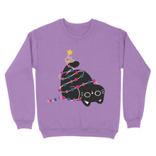 Load image into Gallery viewer, A cosy sweatshirt in digital lavender featuring a playful black cat wrapped in Christmas lights designed with the bisexual pride colours. The cat is playfully tangled, adding a festive and subtle touch of pride for the holiday season.