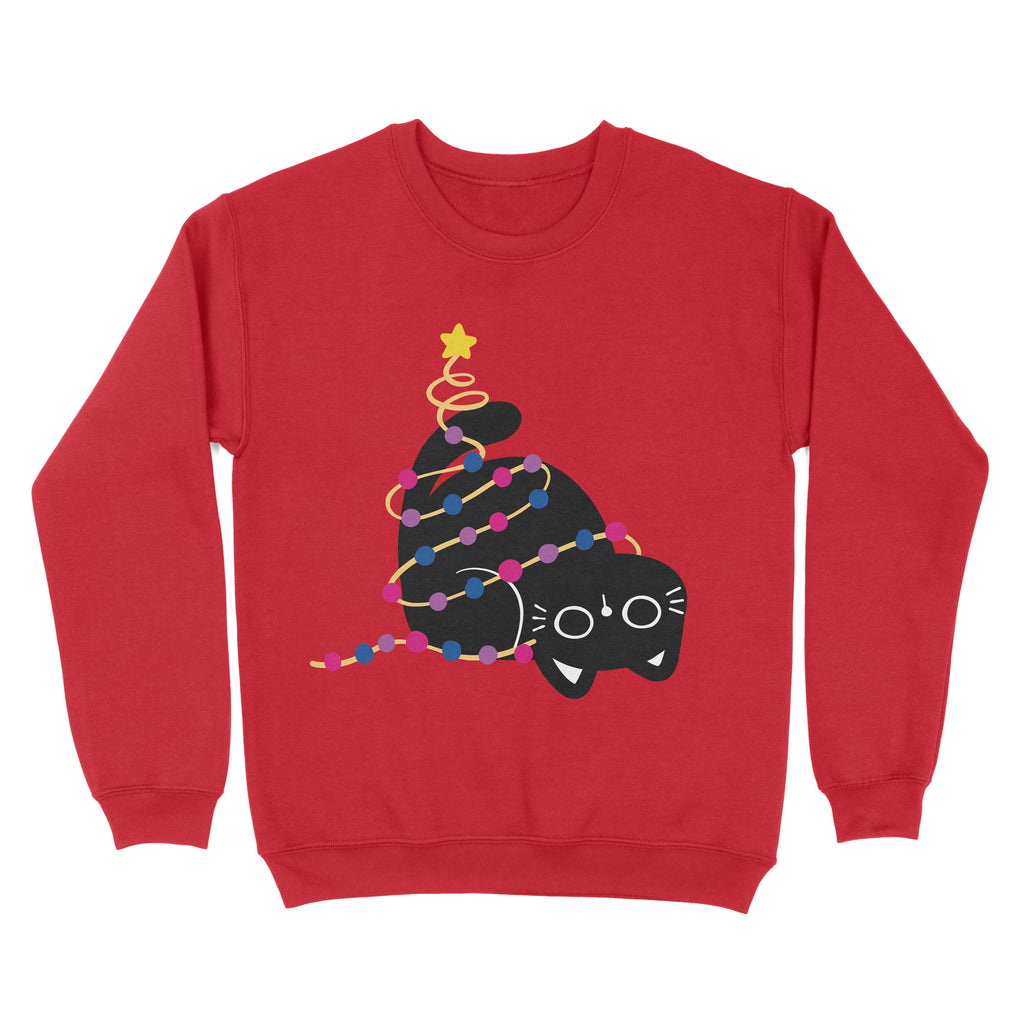 A vibrant fire red sweatshirt featuring a cute black cat wrapped in Christmas lights with the bisexual pride colours. A festive and subtle option for showing pride during the holidays.