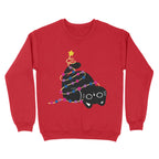 A vibrant fire red sweatshirt featuring a cute black cat wrapped in Christmas lights with the bisexual pride colours. A festive and subtle option for showing pride during the holidays.