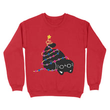 Load image into Gallery viewer, A vibrant fire red sweatshirt featuring a cute black cat wrapped in Christmas lights with the bisexual pride colours. A festive and subtle option for showing pride during the holidays.