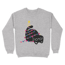 Load image into Gallery viewer,  This sweatshirt in heather grey features a charming black cat wrapped in bisexual-themed Christmas lights. A festive, cosy, and subtle way to show your pride during the holiday season.