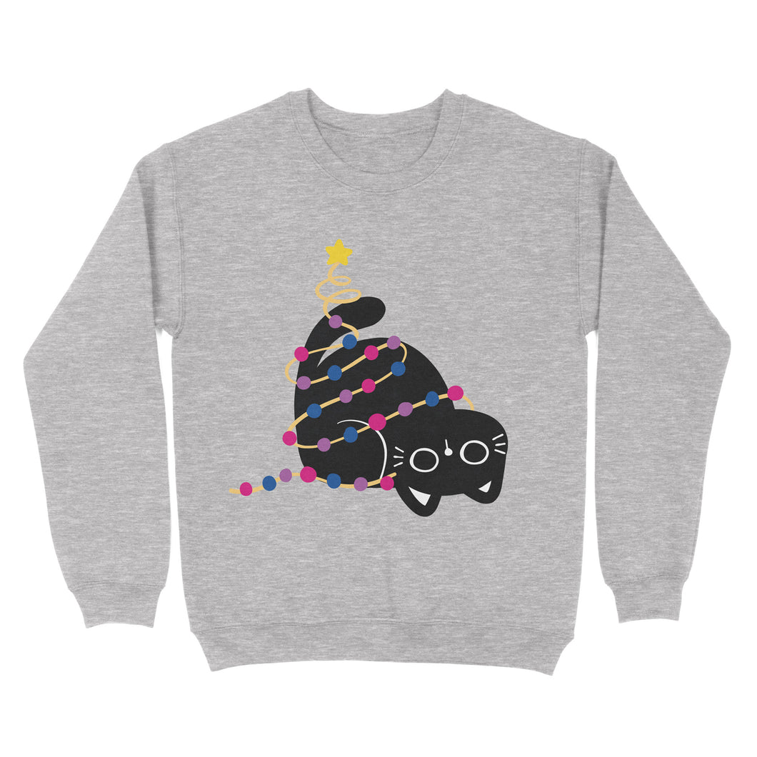  This sweatshirt in heather grey features a charming black cat wrapped in bisexual-themed Christmas lights. A festive, cosy, and subtle way to show your pride during the holiday season.