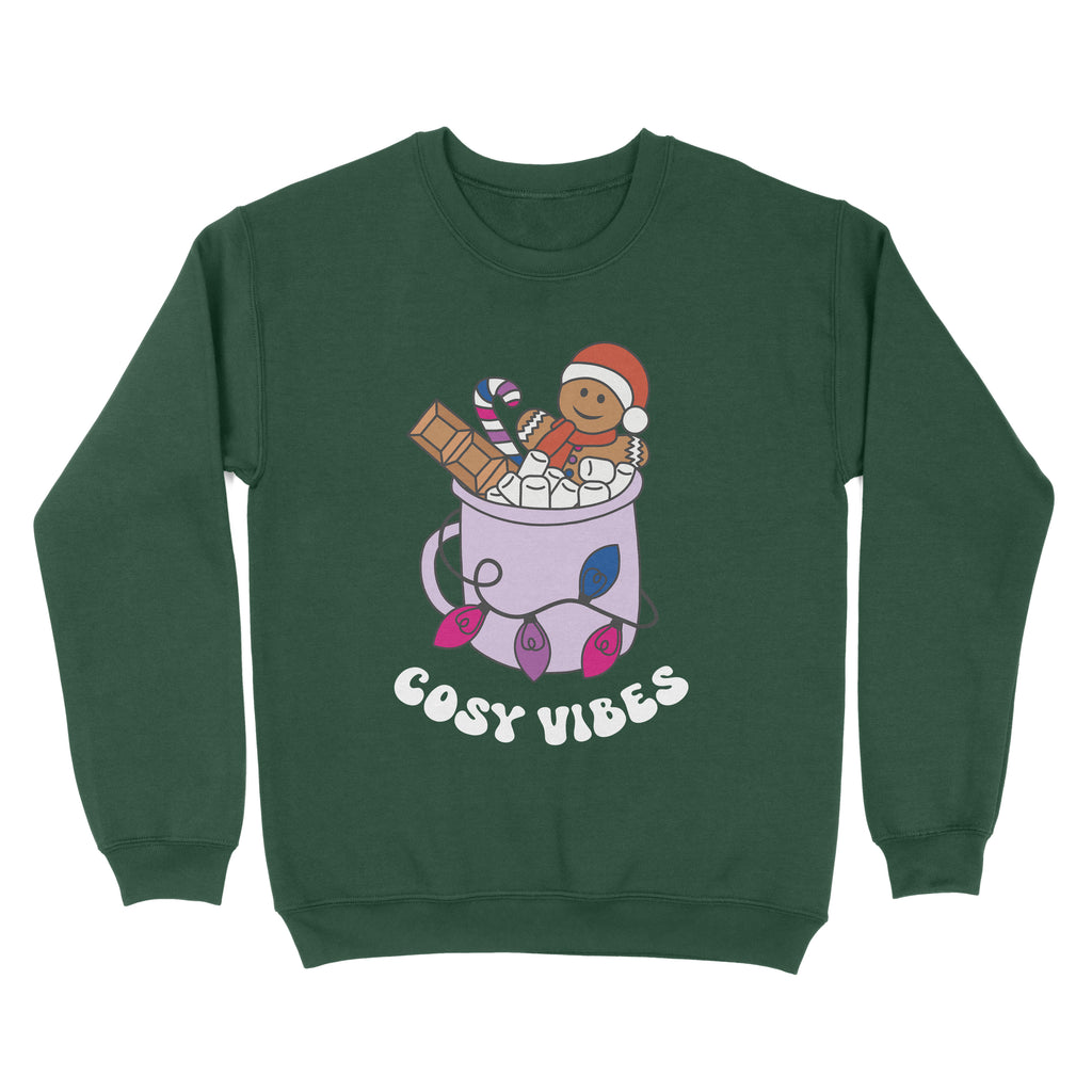 Bottle Green sweatshirt featuring retro text reading 'cosy vibes'. The image shows a mug of hot chocolate with marshmallows and a gingerbread man wearing a Santa hat. A candy cane in the mug and lights around the mug are the colours of the bisexual pride flag.