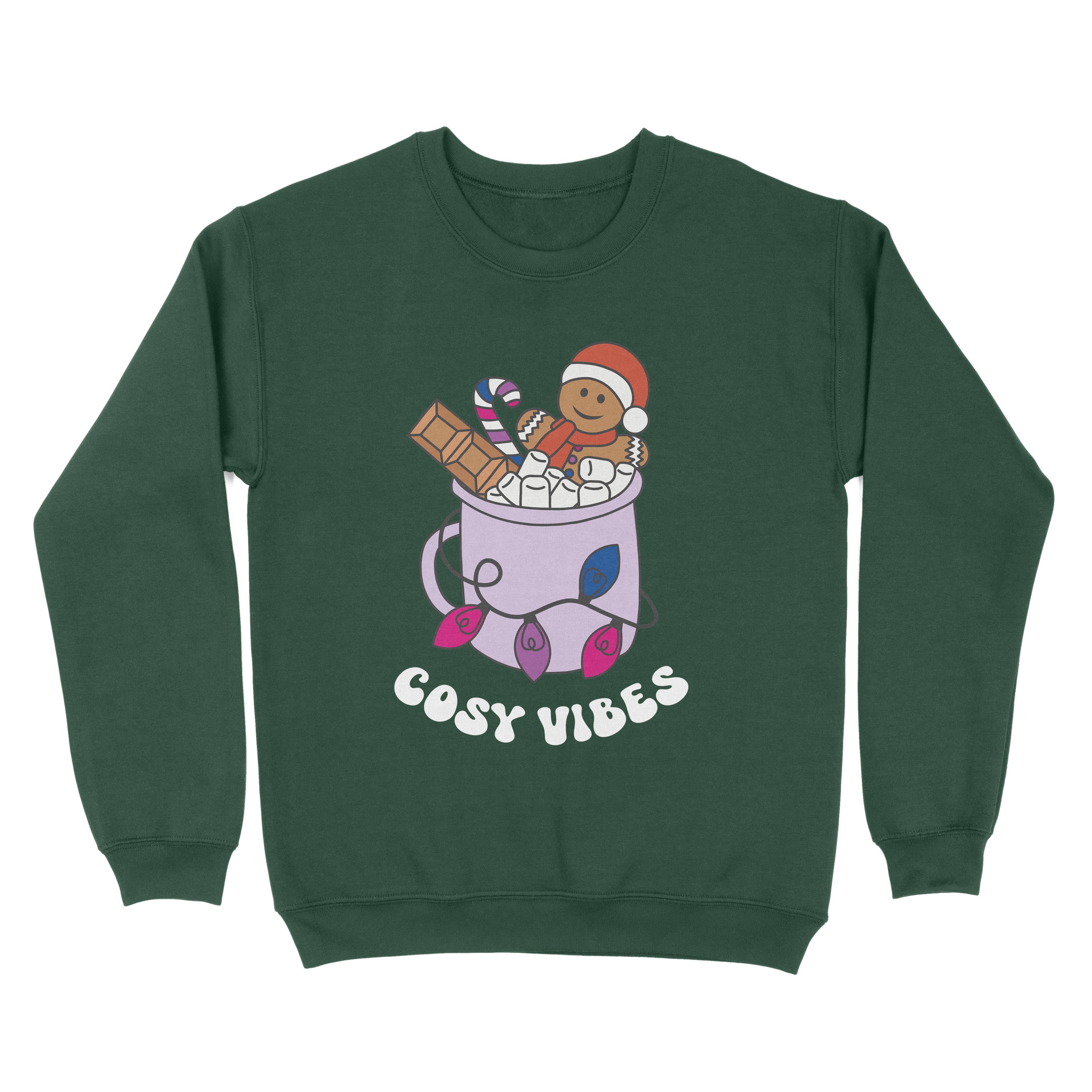 Bottle Green sweatshirt featuring retro text reading 'cosy vibes'. The image shows a mug of hot chocolate with marshmallows and a gingerbread man wearing a Santa hat. A candy cane in the mug and lights around the mug are the colours of the bisexual pride flag.