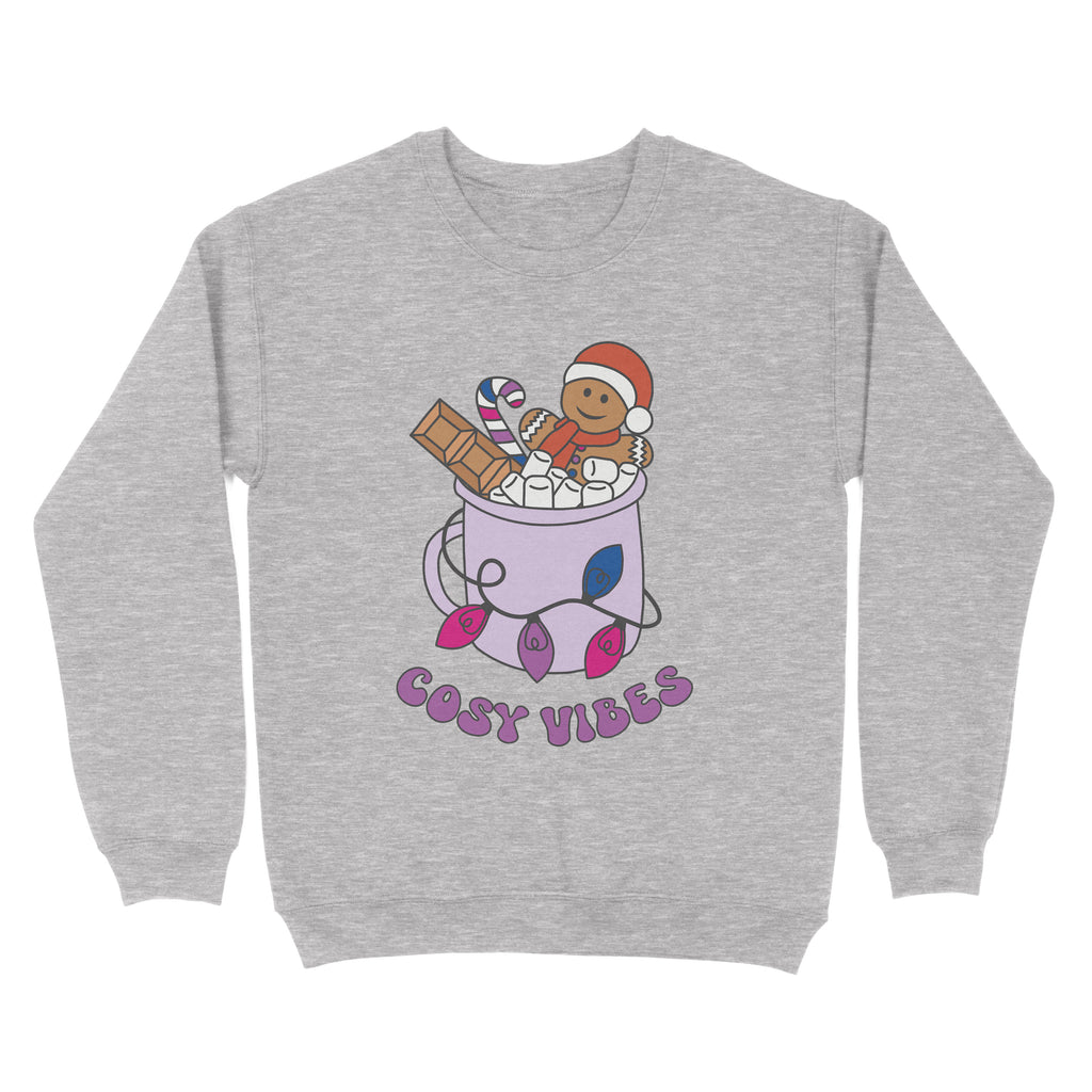 Heather Grey sweatshirt featuring retro text reading 'cosy vibes'. The image shows a mug of hot chocolate with marshmallows and a gingerbread man wearing a Santa hat. A candy cane in the mug and lights around the mug are the colours of the bisexual pride flag.