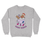 Heather Grey sweatshirt featuring retro text reading 'cosy vibes'. The image shows a mug of hot chocolate with marshmallows and a gingerbread man wearing a Santa hat. A candy cane in the mug and lights around the mug are the colours of the bisexual pride flag.