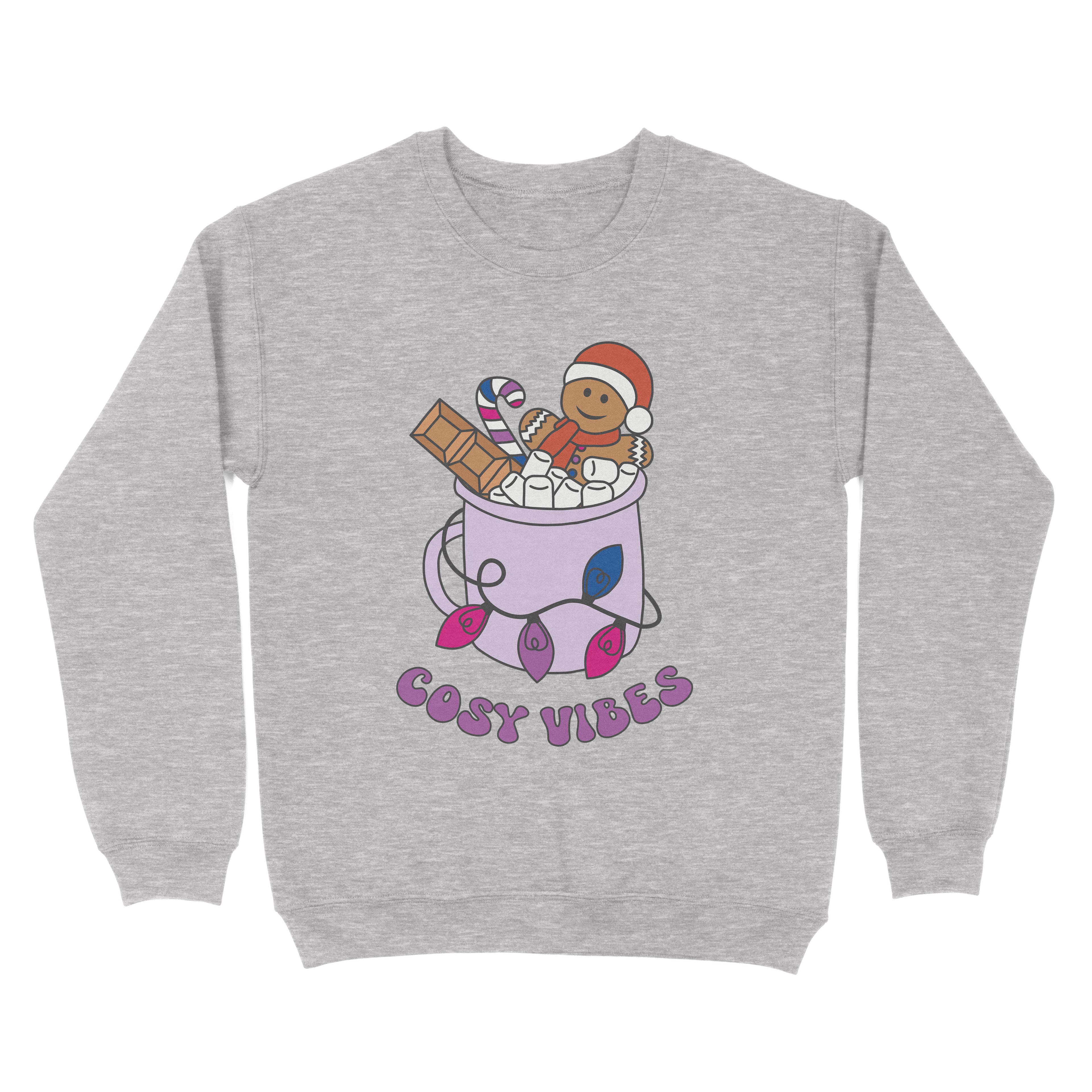 Heather Grey sweatshirt featuring retro text reading 'cosy vibes'. The image shows a mug of hot chocolate with marshmallows and a gingerbread man wearing a Santa hat. A candy cane in the mug and lights around the mug are the colours of the bisexual pride flag.