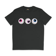 Load image into Gallery viewer, A dark heather grey t-shirt with three eyeballs, each with pink, purple, and blue irises, representing the Bisexual pride flag colours. The eyeballs have a spooky design with red veins, spaced evenly across the front.