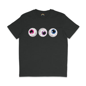 A dark heather grey t-shirt with three eyeballs, each with pink, purple, and blue irises, representing the Bisexual pride flag colours. The eyeballs have a spooky design with red veins, spaced evenly across the front.