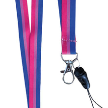 Load image into Gallery viewer, Close up of a lanyard in the colours of the bisexual flag with a dog clip attached to the bottom.