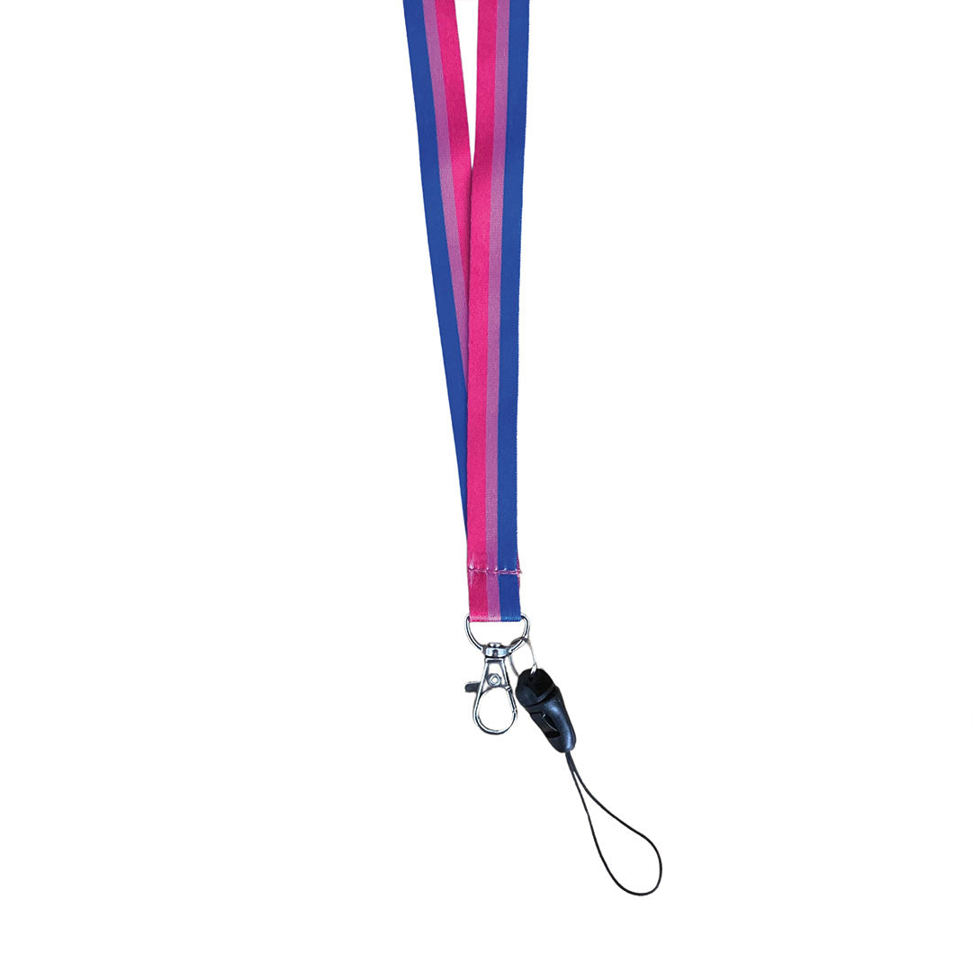 Lanyard in the colours of the bisexual flag with a dog clip attached to the bottom.