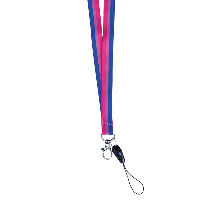 Lanyard in the colours of the bisexual flag with a dog clip attached to the bottom.