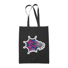 Load image into Gallery viewer, A black tote bag featuring a cute cartoon spider in front of a spider web coloured in the bisexual pride flag colours: pink, purple, and blue.