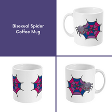 Load image into Gallery viewer, A composite image of a white coffee mug with a cartoon spider and spider web design in bisexual pride flag colours. 