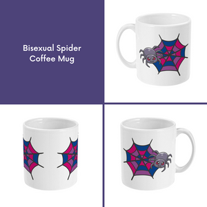 A composite image of a white coffee mug with a cartoon spider and spider web design in bisexual pride flag colours. 