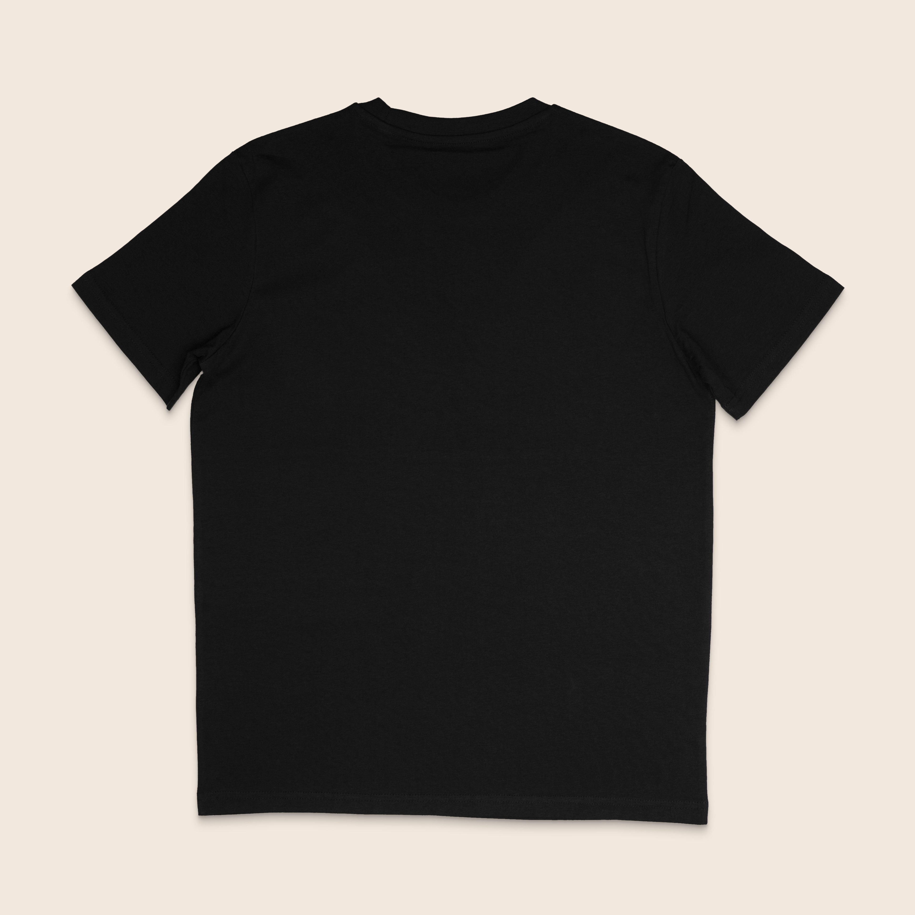 Back view of plain black T-shirt showing no print on the back.