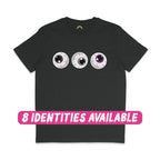 A dark heather grey t-shirt featuring a spooky design of three cartoon eyeballs with detailed red veins. The eyeballs are aligned horizontally across the chest, with the irises coloured in black, grey, white, and purple, representing the Asexual pride flag. Below the design, a pink banner with white, dripping text reads, "8 IDENTITIES AVAILABLE," indicating the shirt is available in multiple pride flag colour variations.