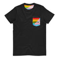 #GWithTheT Rainbow Shirt | Black t-shirt with a bold rainbow-striped pocket on the left chest. The pocket features the Rainbow Pride Flag colours alongside the Transgender flag and the phrase “#GWithTheT” printed in black.