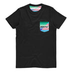 #GWithTheT Gay Vincian Shirt | Black t-shirt with a pocket featuring a blend of the Gay Vincian Pride Flag and Transgender flag colours. The pocket design includes the text “#GWithTheT” in black.