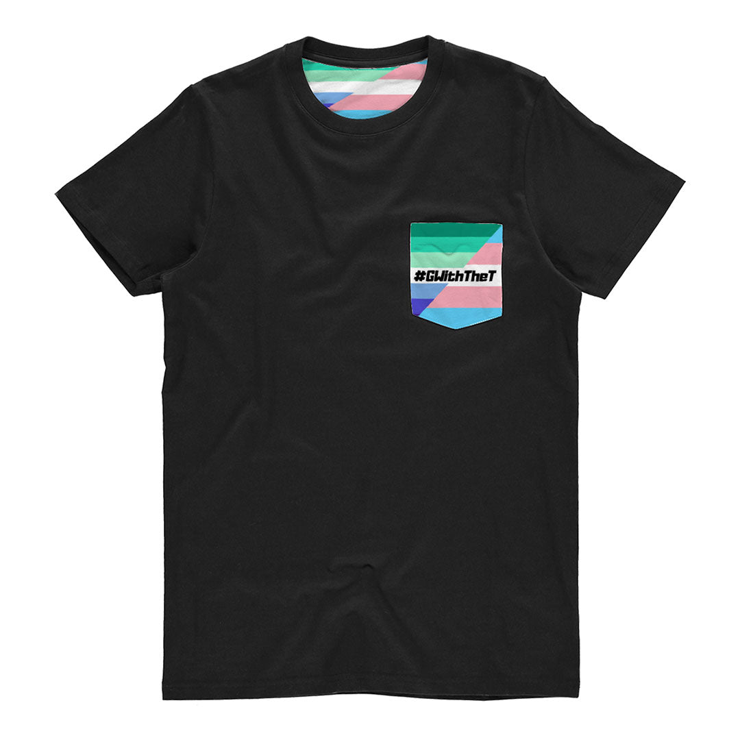 #GWithTheT Gay Vincian Shirt | Black t-shirt with a pocket featuring a blend of the Gay Vincian Pride Flag and Transgender flag colours. The pocket design includes the text “#GWithTheT” in black.