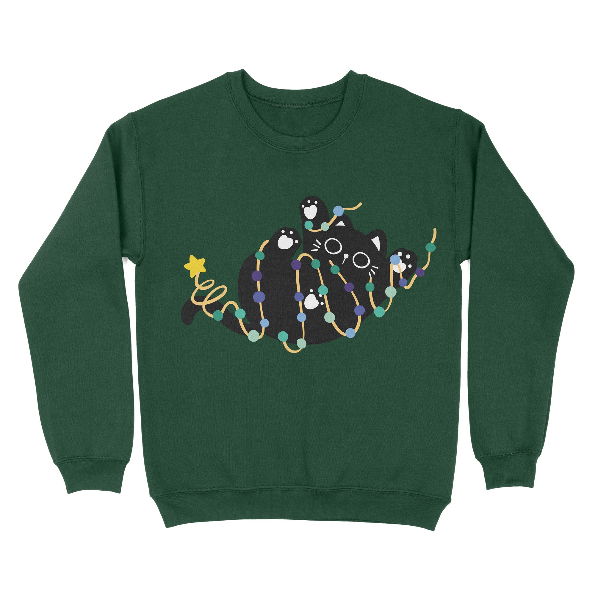 A dark green sweatshirt with a black cat playfully wrapped in string lights showcasing gay pride colours, topped with a star on the tail.