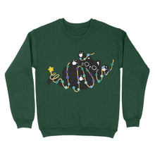 Load image into Gallery viewer, A dark green sweatshirt with a black cat playfully wrapped in string lights showcasing gay pride colours, topped with a star on the tail.