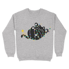 Load image into Gallery viewer, A heather grey sweatshirt adorned with a black cat tangled in green and blue gay pride lights, its tail ending in a star.