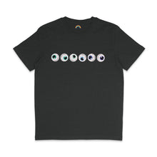 Load image into Gallery viewer, A dark heather grey t-shirt displaying a row of seven cartoon eyeballs, each with different shades of green and blue irises, inspired by the colours of the Gay pride flag. The eyeballs have detailed red veins.