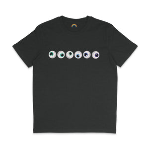 A dark heather grey t-shirt displaying a row of seven cartoon eyeballs, each with different shades of green and blue irises, inspired by the colours of the Gay pride flag. The eyeballs have detailed red veins.