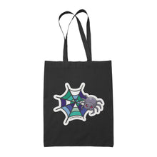 Load image into Gallery viewer, A black tote bag featuring a cute cartoon spider in front of a spider web coloured in the gay pride flag colours: dark green, teal, white, blue, and purple.