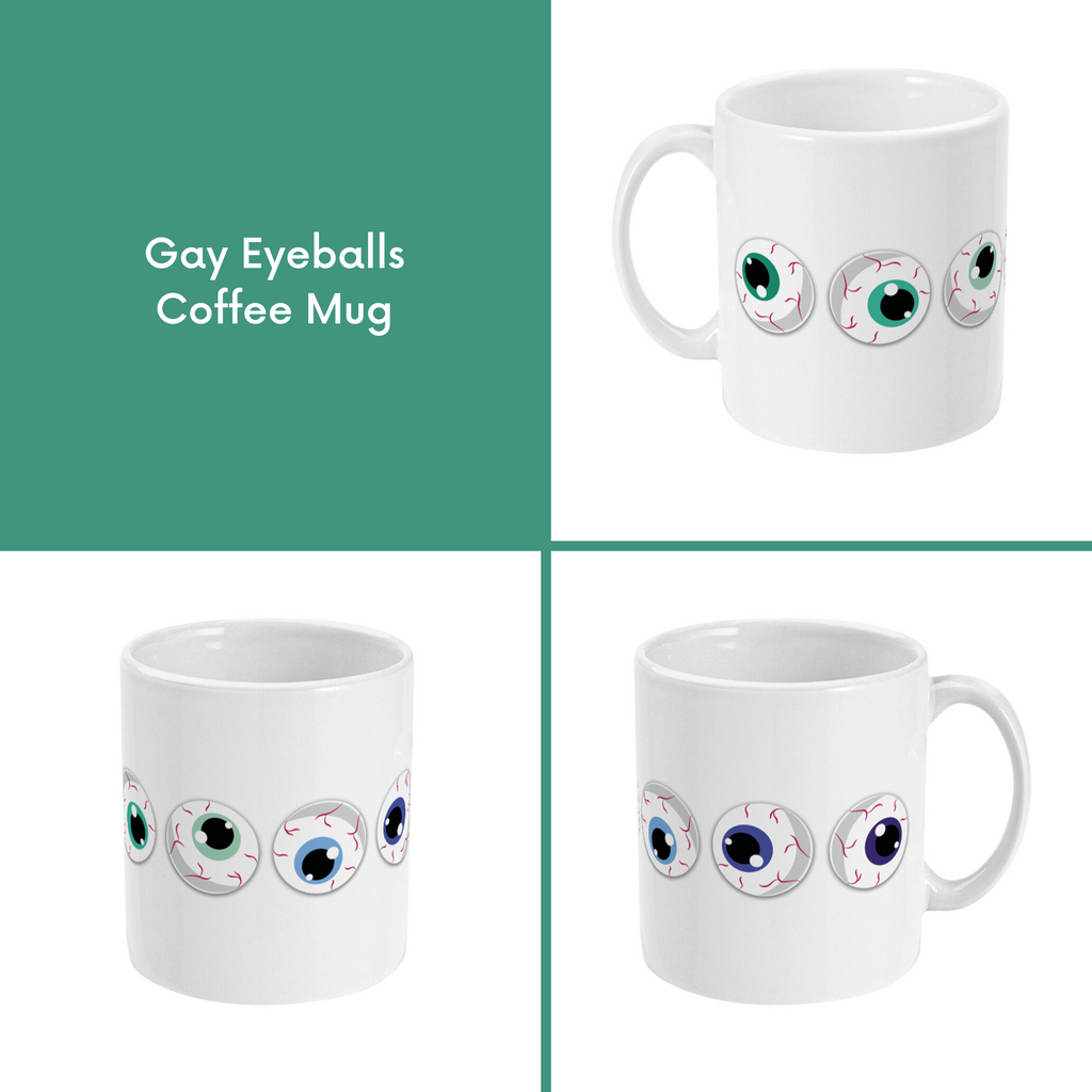 A composite image of a white coffee mug with a cartoon eyeball design in gay pride flag colours.