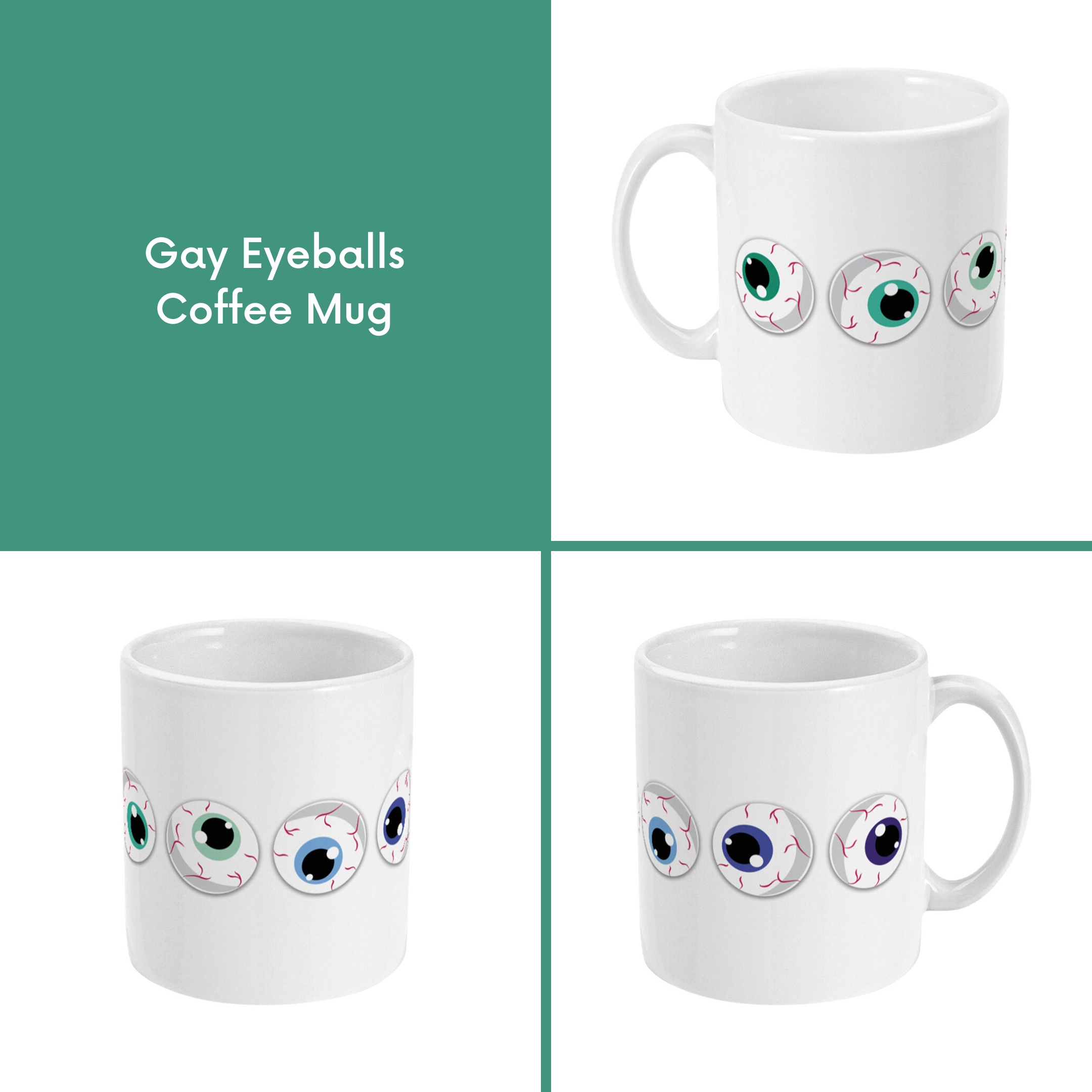 A composite image of a white coffee mug with a cartoon eyeball design in gay pride flag colours.