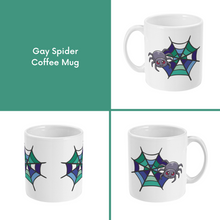 Load image into Gallery viewer, A composite image of a white coffee mug with a cartoon spider and spider web design in gay pride flag colours. 