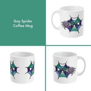 A composite image of a white coffee mug with a cartoon spider and spider web design in gay pride flag colours. 