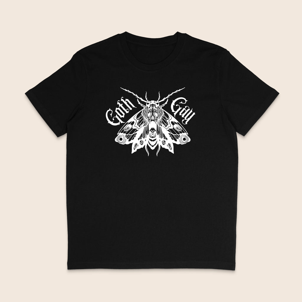 Black Goth Gay shirt featuring an intricate white gothic moth illustration with Goth Gay lettering