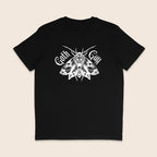 Black Goth Gay shirt featuring an intricate white gothic moth illustration with Goth Gay lettering
