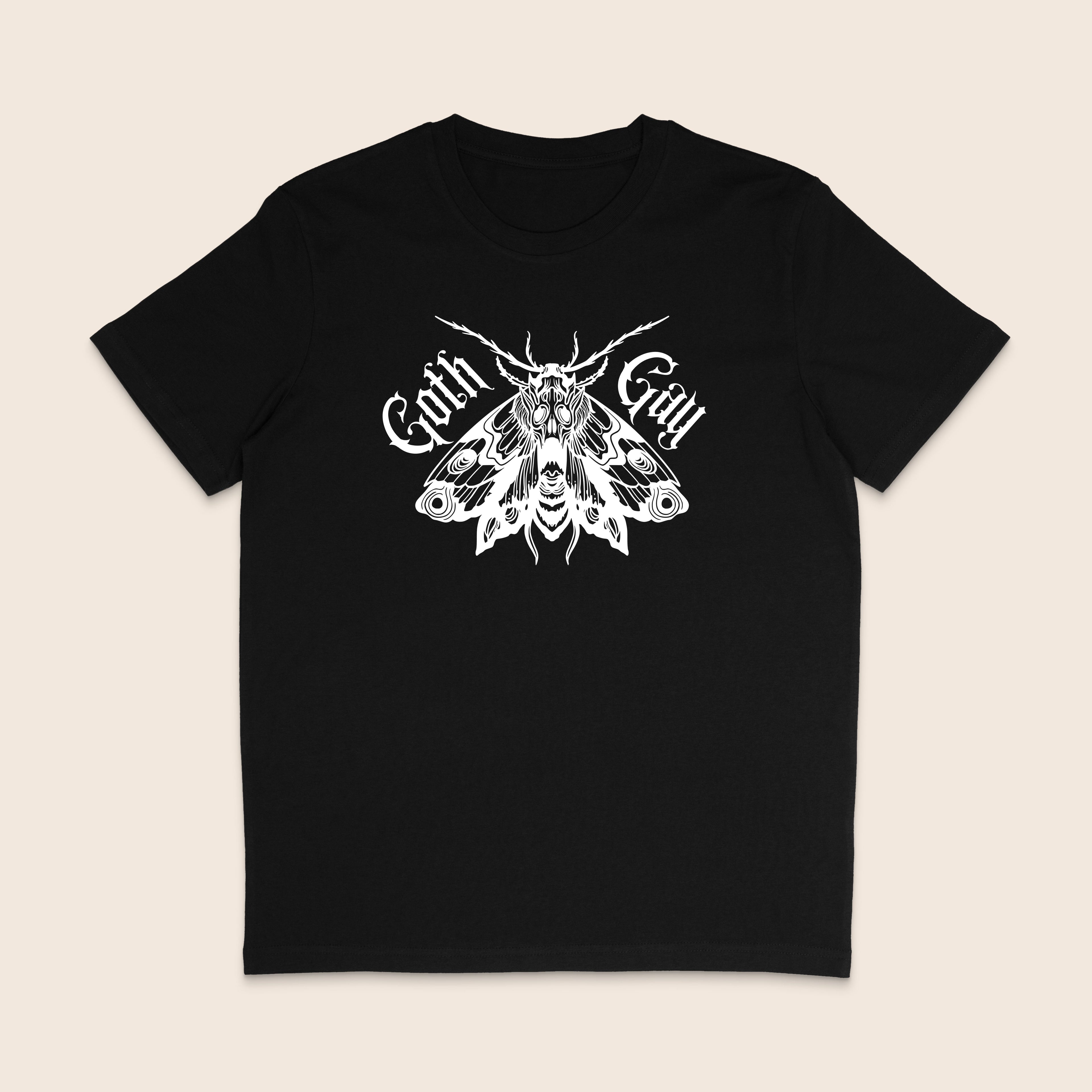 Black Goth Gay shirt featuring an intricate white gothic moth illustration with Goth Gay lettering
