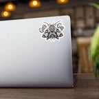 Goth Gay moth sticker shown on a laptop cover, featuring detailed monochrome gothic artwork